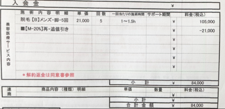 メンズエミナル脚脱毛5回の契約料金